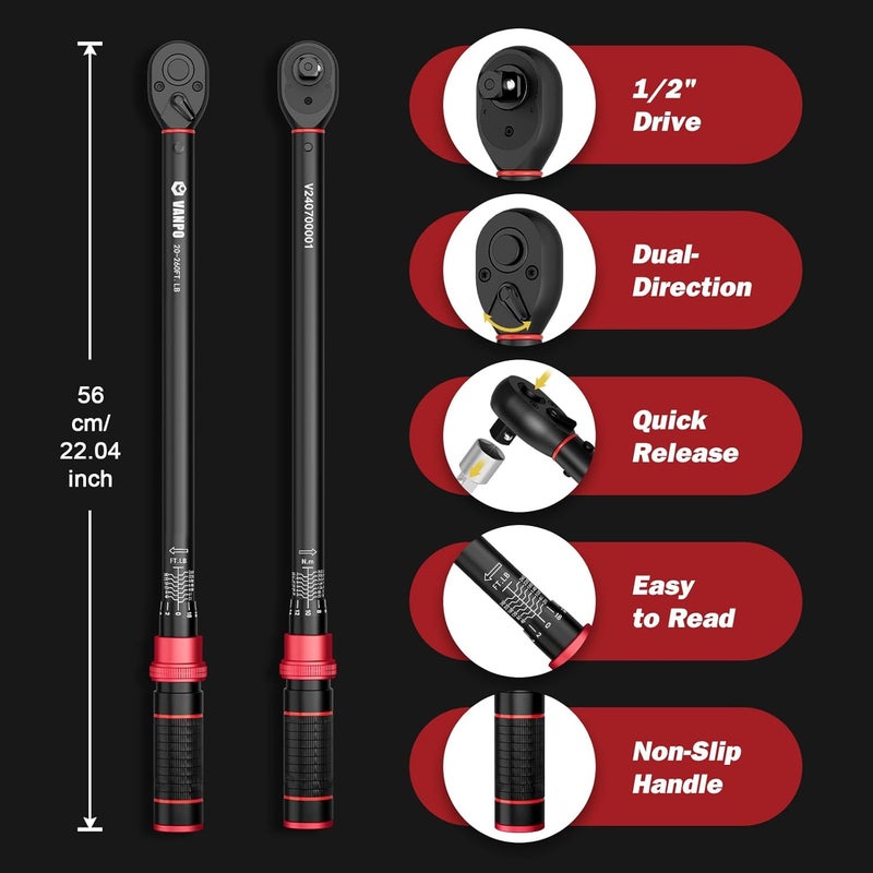 VANPO Torque Wrench 1/2-Inch Drive, 20-260 Ft-Lb/27.1-352.3 Nm, 22.04", Click Style, Dual Direction, 72 Tooth, Adjustment Torque Wrench with 1/2" to 3/8" Adapter & 125mm Extension Bar for Car & Truck - Image 2
